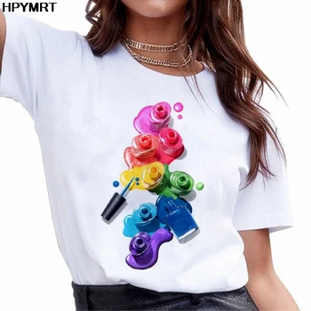 2021 жаңа жазғы 90-шы жылдардағы әйелдерге арналған сүйкімді футболка Сән шыңдары Әйелдер футболкалары Harajuku Lady Cosmetics 3D басып шығарылған мойын футболка киімі