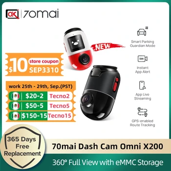 70mai Dash Cam Omni X200 360° Толық көрініс дизайны AI қозғалысын анықтайтын автокөлік DVR кірістірілген GPS ADAS 24H тұрақ мониторы eMMc жады