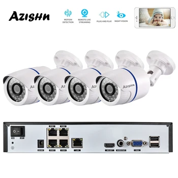 AZISHN 4CH H.265+1080P 48V POE 2MP NVR CCTV камера жүйесі Сыртқы қауіпсіздік 1080P IP камера P2P бейнебақылау жүйесі NVR жинағы