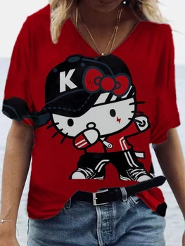 Hello Kitty басып шығару Сүйкімді көк және ақ V-мойын Үстіңгі жастар киімі Китти сәнді кездейсоқ әйелдер кең футболкасы Соңғы қыз Топ