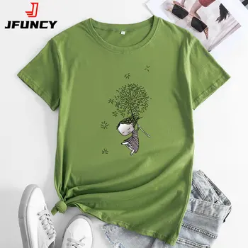 JFUNCY әйелдер мақта футболкасы Сәнді Кавайи Хараджуку графикалық футболкалары Жазғы қысқа жеңді әйелдер футболкасының үстіңгі жағы Әйелдер футболкасының киімі