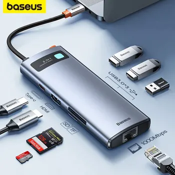 Macbook Pro USB 3.0 Hub ноутбук планшетінің керек-жарақтарына арналған Baseus 4K 60 Гц USB C Hub түрі C - Ethernet порты PD 100 Вт адаптері