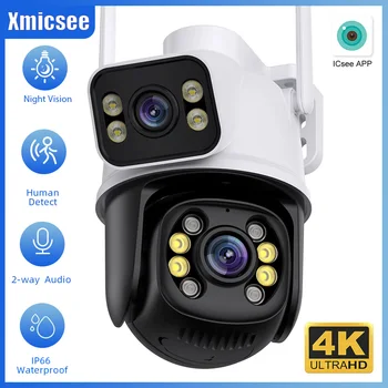 Xmicsee 8MP 4K PTZ IP камерасы Қос линзалы көп көріністі смарт адам анықтайтын камера Түнгі көру Сыртқы WIfi бақылау камерасы ICSee