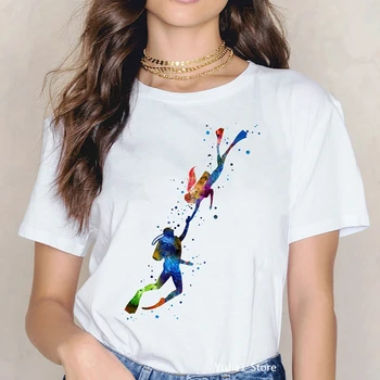 Акварельді аквалангпен сүңгуді ұнататын басып шығарылған спорттық көркем футболка Femme сүйкімді жазғы топ әйел киімі Ropa Mujer арнайы футболка