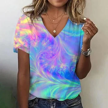 Жазғы түрлі-түсті үлгідегі әйелдер футболкасының градиенті 3D басып шығару Күнделікті қысқа жеңді V-мойын Топ 2023 Қыздарға арналған күнделікті сәнді футболка