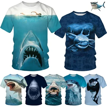 Жаңа көк акула 3D басып шығару Ерлерге арналған қысқа жеңді футболка Жеке кездейсоқ Үлкен ақ акула дөңгелек мойын футболкасы