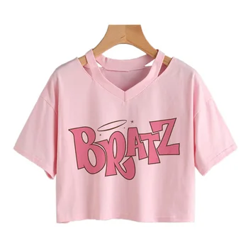 Жаңа қызғылт жазғы Bratz Letter футболкасы Әйелдерге арналған кездейсоқ көйлектер Панк-готикалық көше киімі V-мойын қысқа жеңді Harajuku графикалық футболкасы