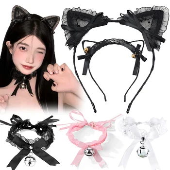 2Pcs Sexy Black Lace Cat Ear Headband Necklace Lace Bell Chocker Collar Head Hoop Cosplay Headwear Hairband Prom Party Club
