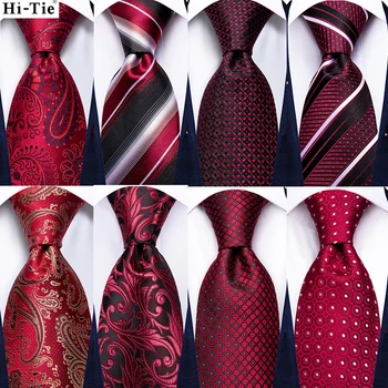 Hi-Tie Burgundy Paisley Ерлерге арналған жолақты жібек үйлену галстукі Жаңа дизайндағы ерлерге арналған галстук Ханки манжеттер жинағы Іскерлік кешке арналған Dropshipping