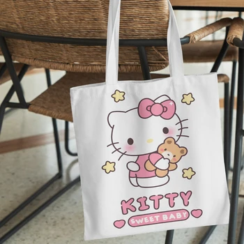 Sanrio Hello Kitty Kuromi Cinnamoroll иық сөмкесі Кавайи Қыз басып шығаруға арналған кенеп сөмке Үлкен сыйымдылығы бар мектеп жұмыс сөмкесі