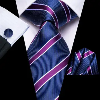 Жолақты қара көк күлгін 2022 Ерлерге арналған жаңа сән бренді галстуктары Үйлену тойына арналған галстук жинағы Қол манжеттер Сыйлық көтерме сәлем галстук